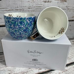 Lilly Pulitzer Set Of 2 Blue Floral Ceramic Mugs Coffee Cups FabFitFun 12 oz.Ea.